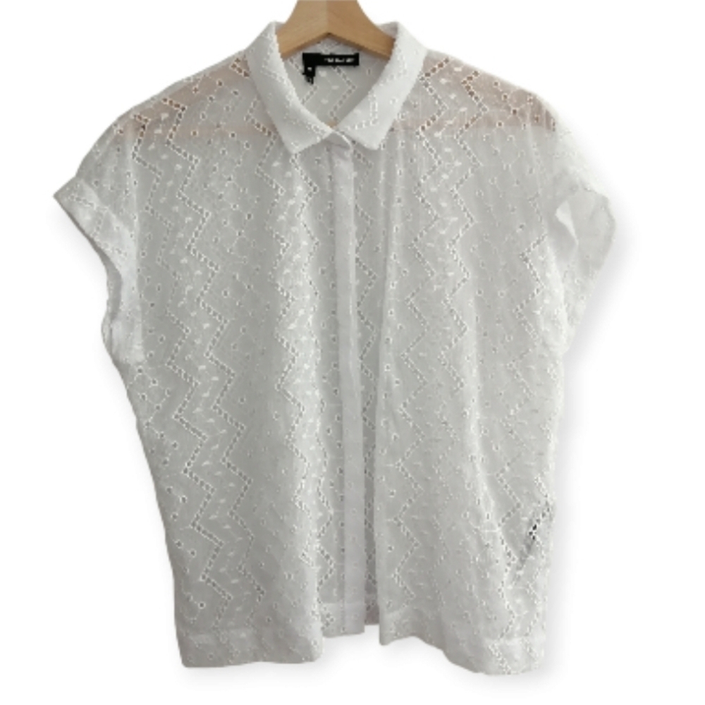 The Kooples Short Sleeve White Button Up Eyelet Embroidery Zip Zag Cutout Medium